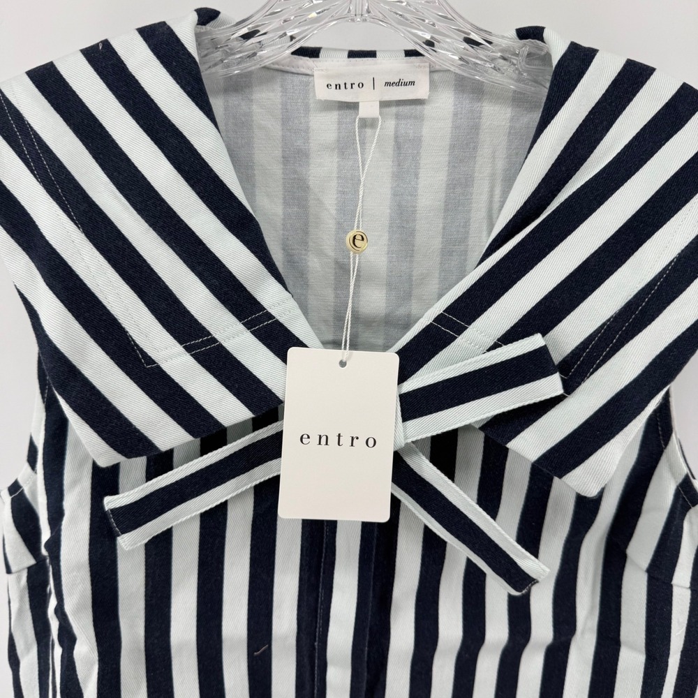 Entro Navy White Striped Sailor Collar Bow Sleeveless Mini Dress Womens Medium - Picture 4 of 8